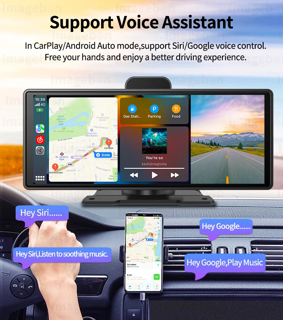 10.26" Imagebon K9 Dash Cam 2K ADAS Wireless CarPlay & Android Auto Car DVR GPS Navigation Siri Voice Control Dual Recording Dvr