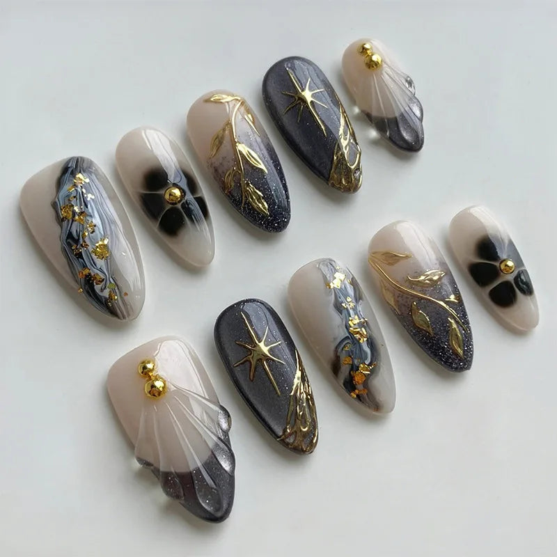 24pcs Black Cat's Eye Press on Nails Finished Ins Wearable False Nail Sets Love Design Stick on Nails Stilettos Fake Nail Tips