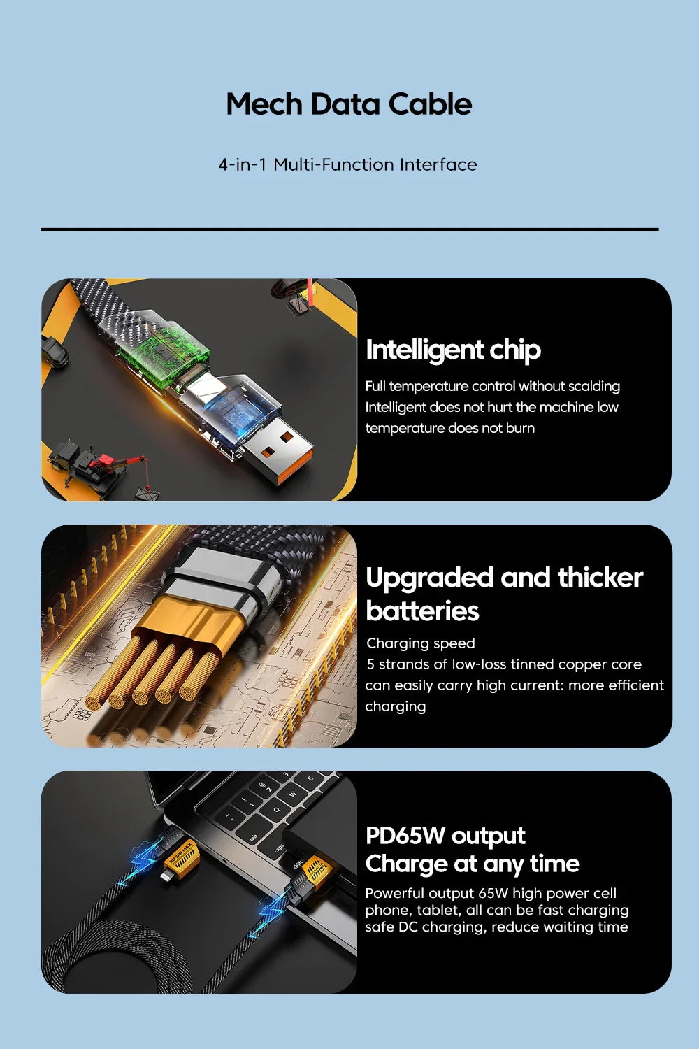 4 in 1 PD 65W 27W USB Cable Type C Dual Connector Lighting Mecha Style Fast Charging USB C Cable For iPhone 15 Samsung Xiaomi