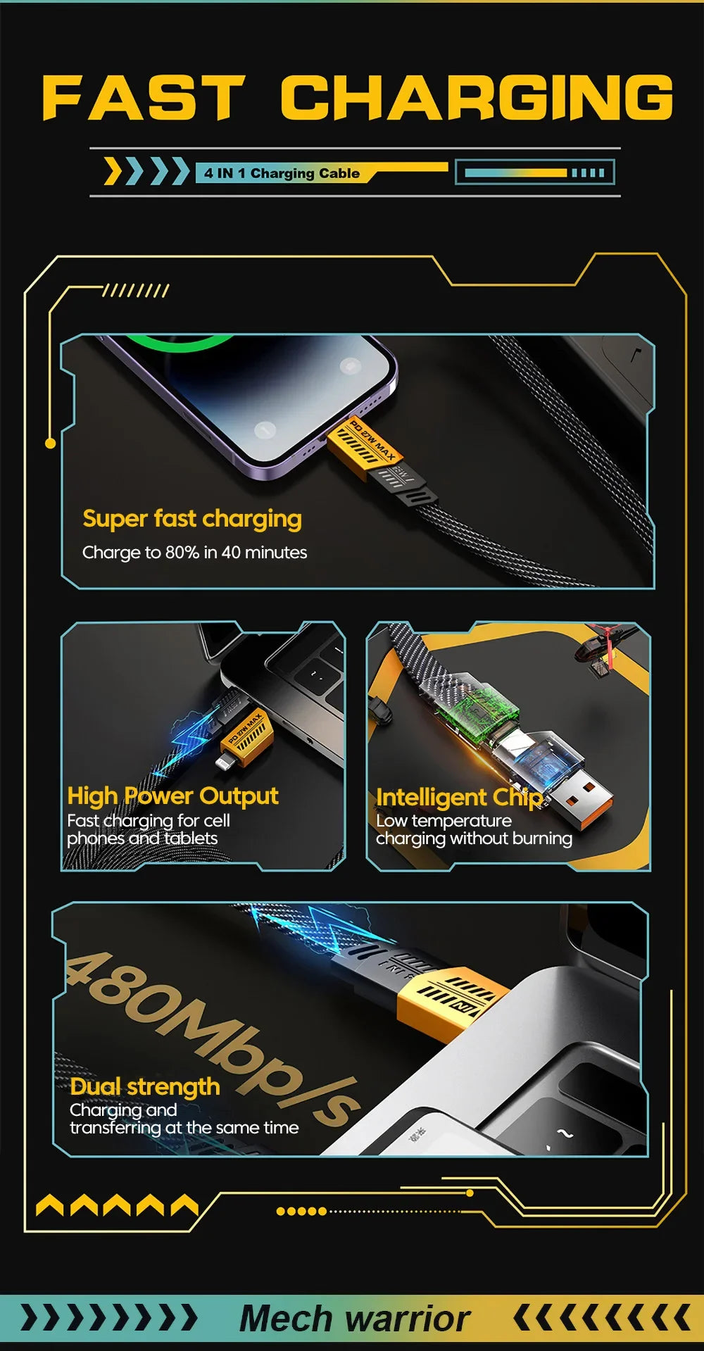 4 in 1 PD 65W 27W USB Cable Type C Dual Connector Lighting Mecha Style Fast Charging USB C Cable For iPhone 15 Samsung Xiaomi