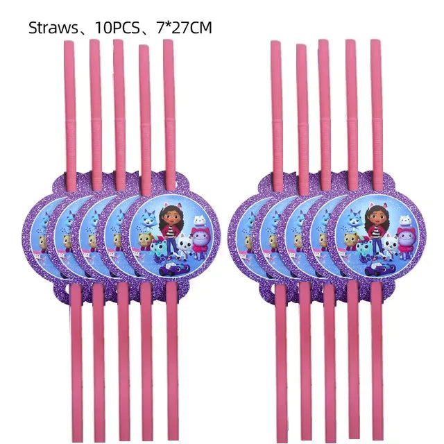Disney Gabby Doll House Theme Birthday Party Flag Pulling Balloon Decoration Disposable Tableware Supplies