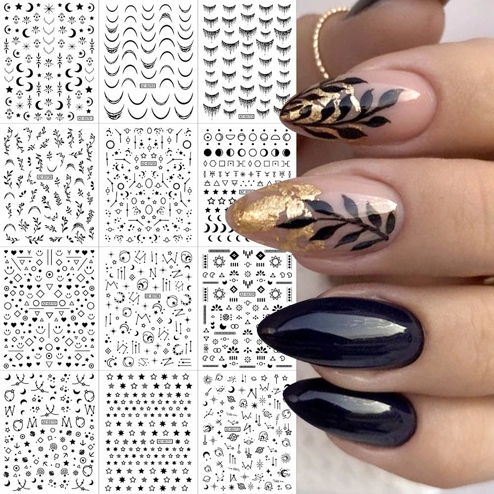 12Pcs Gold/Silver Tasse/Line/Star/Moon 3D Nail Art Stickers Leaf/Geometric Design Self-adhesive Sliders Luxury Manicure Decals