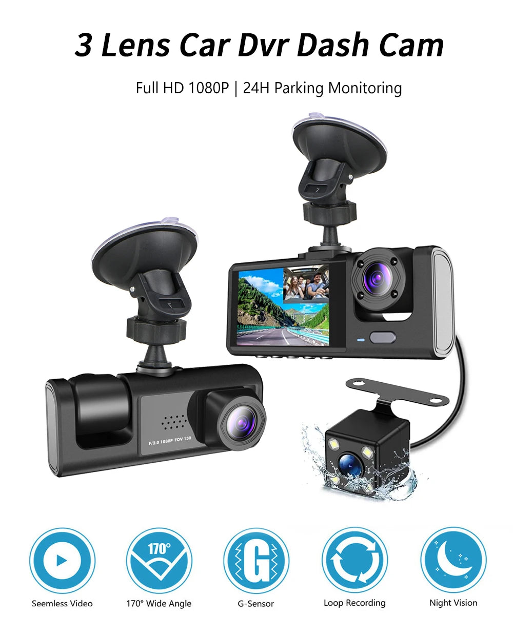 3 Channel Dash Cam Video Recorder Three Lens Car Camera with Rear View DVR 24H Parking Monitor Black Box