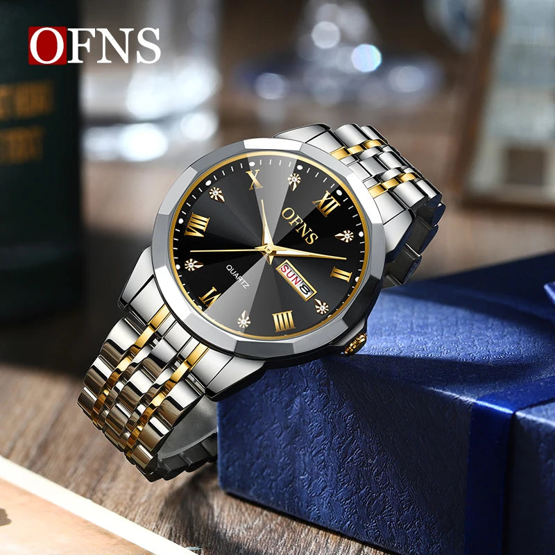 OFNS Top Brand Luxury Couple Watches Waterproof Luminous Stainless Steel Ladies Quartz Watch Men Women Fashion Lovers Watch