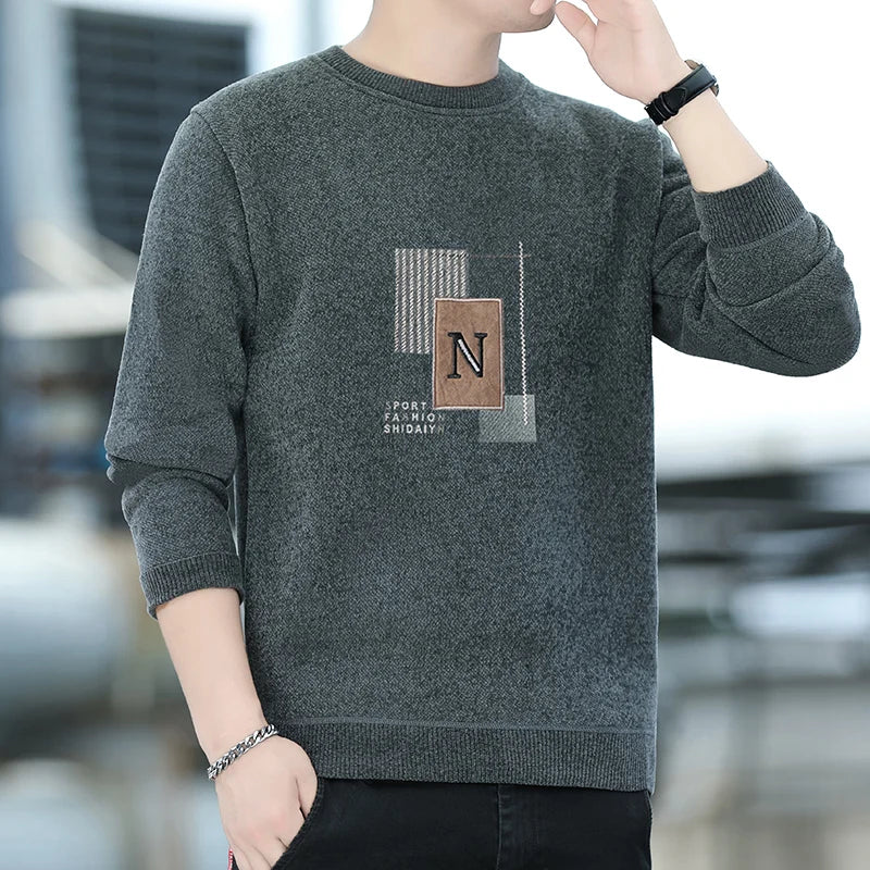 Sweater Men Knitted Round Neck Pullovers Fleece Thick Warm Winter Knitwear Y2K Fashion Jumpers Men's Clothes