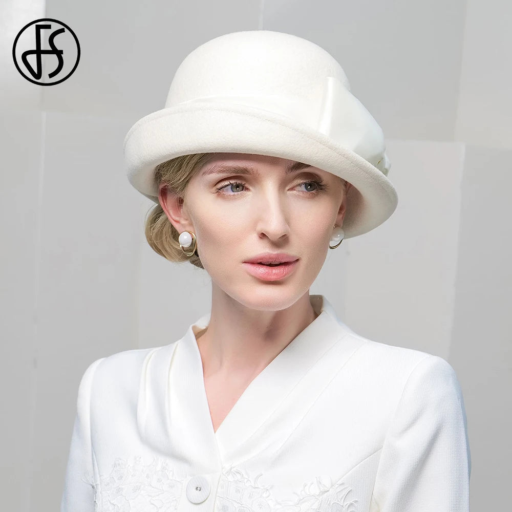 Wool Felt Fedoras Hats for Women Ladies White Black Elegant Curl Brim Top Hat for Wedding Bride Formal Church Cocktail Tea Party