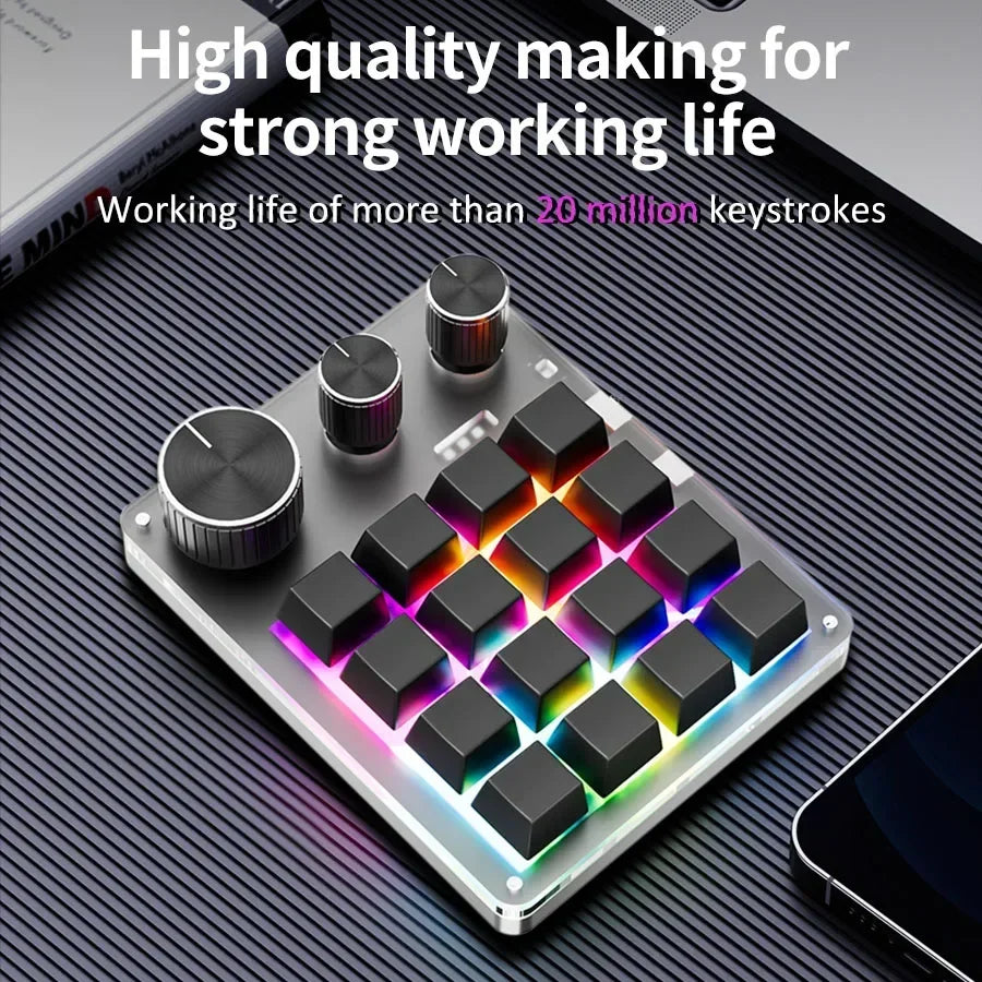 RGB Programming Macro Custom 16Key 3 Knob Bluetooth Keyboard Copy Paste Photoshop Gaming Keypad DIY Mechanical Hotswap Macropad