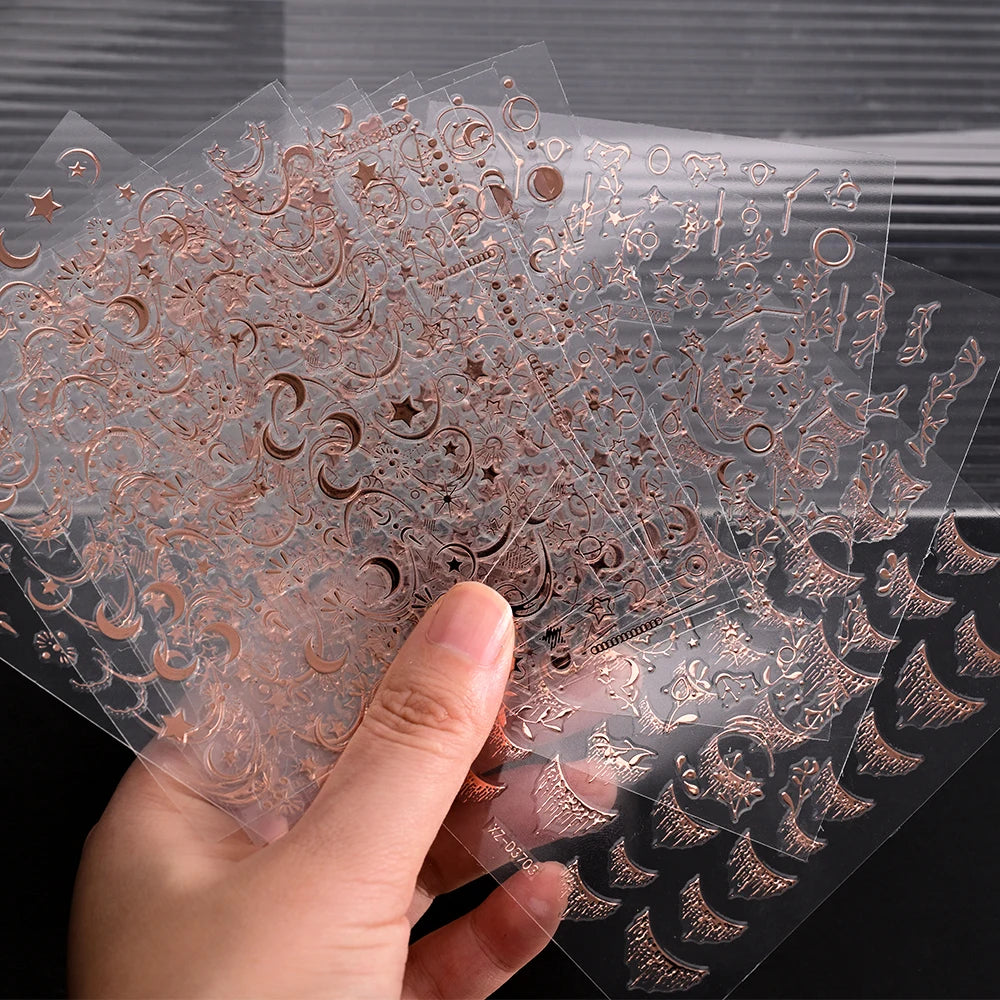 12Pcs Gold/Silver Tasse/Line/Star/Moon 3D Nail Art Stickers Leaf/Geometric Design Self-adhesive Sliders Luxury Manicure Decals