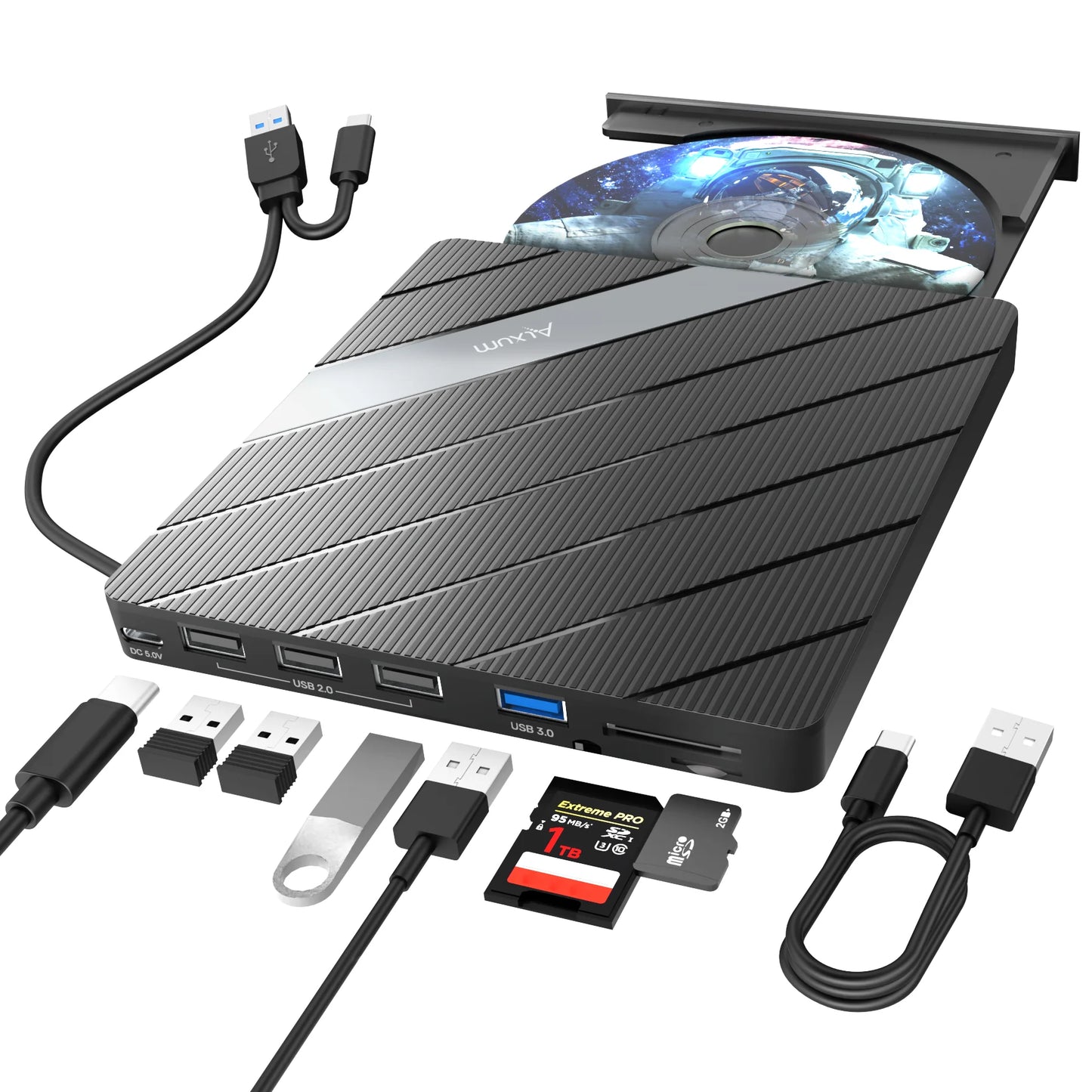 T040A USB 3.0 External Mobile Drive DVD CD Burner with Hub 24X CD & 8X DVD Writer SD microSD Card Reader for Windows Mac Linux