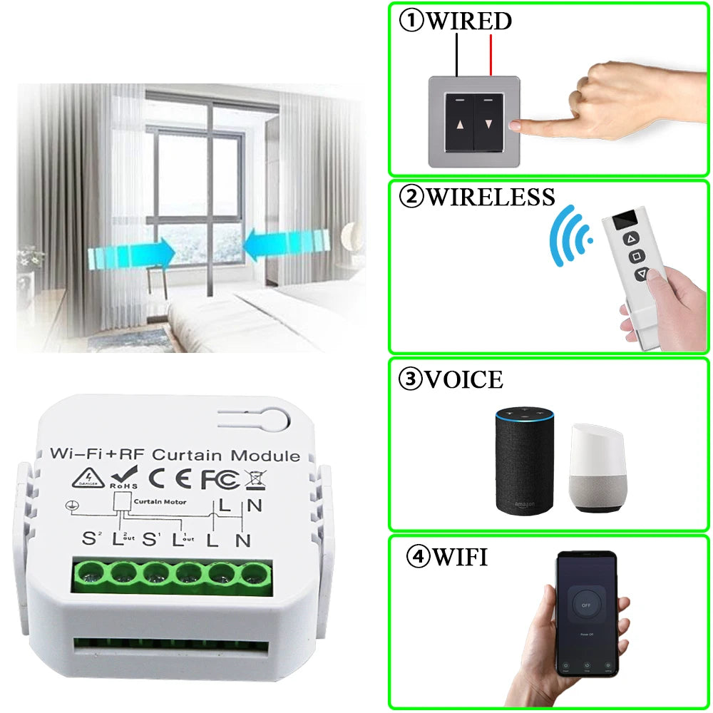 Tuya WiFi RF Smart Curtain Switch Smart Life Wireless Roller Shutter Remote Controller 110V 220V Timing Module,for Google/Alexa