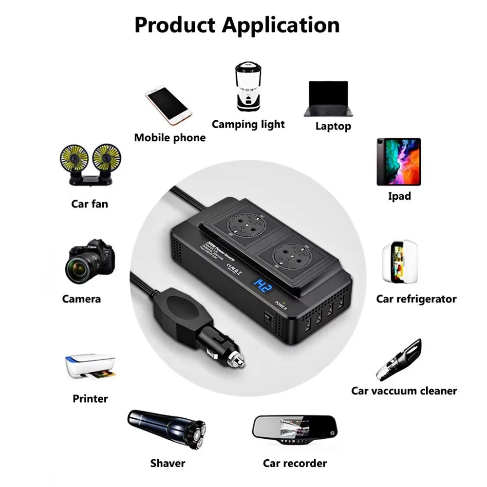 Car 200W Inverter DC To AC 12V to 220V 4 USB AC EU Socket Auto Mounted Inverter Accessories Cigarette Lighter 400W Peak Power