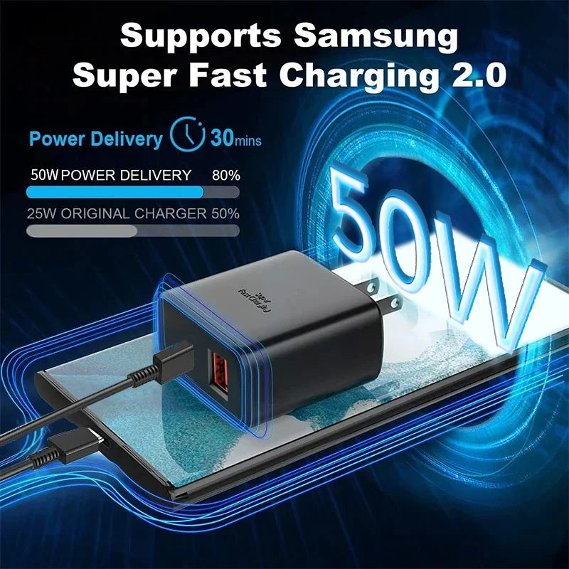 50W USB PD Charger Super Fast Charger Cable Type C Cable Fast Charging For Samsung Galaxy S23 S22 Ultra Note 10+ 5G Wall Adapter