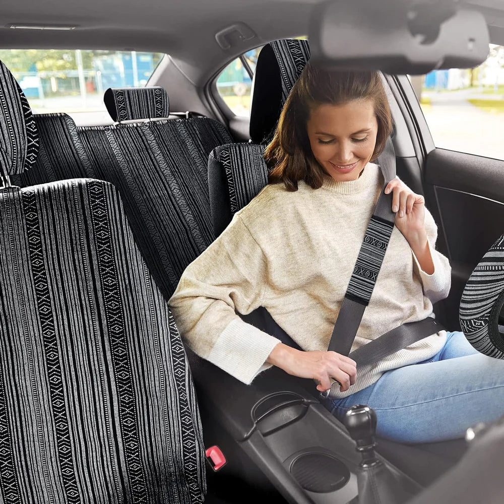 5mm Universal Size Flax Striped Car Seat Covers with Seat Belt Pads Steering Wheel Cover Full Set Fit For Most Car SUV Van Truck
