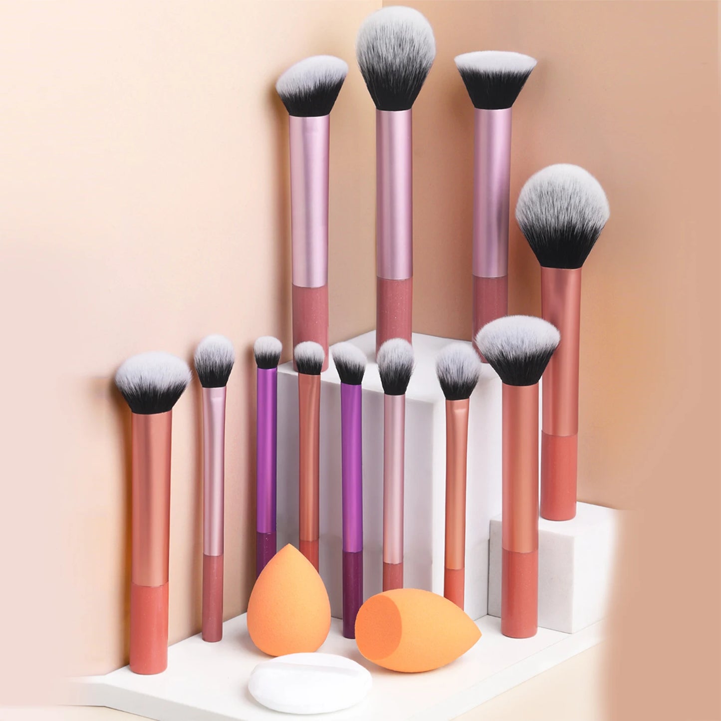 15pcs professional makeup brush set - classic everyday including 2pcs bevel and water drop beauty egg, 1 powder puff beauty tool