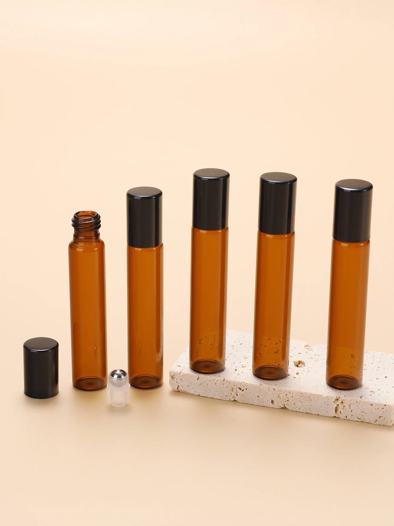 5 Refillable Glass Essential Oil Bottles, Amber Glass Bottle Rollerball Perfume Bottle, Stainless Steel Ball Hollow Travel Rolle