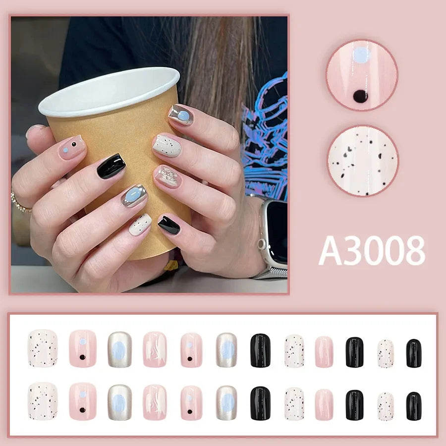 Watercolor Rose Fake Nail with Jelly sticker Press on False Nails Wearable Round Head Oval Full Cover Nail Tips