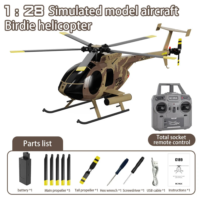 1:28 C189 RC Helicopter MD500 Brushless Dual-motor Remote Control Model 6-Axis Gyro Aircraft Toy One-click Takeoff/landing