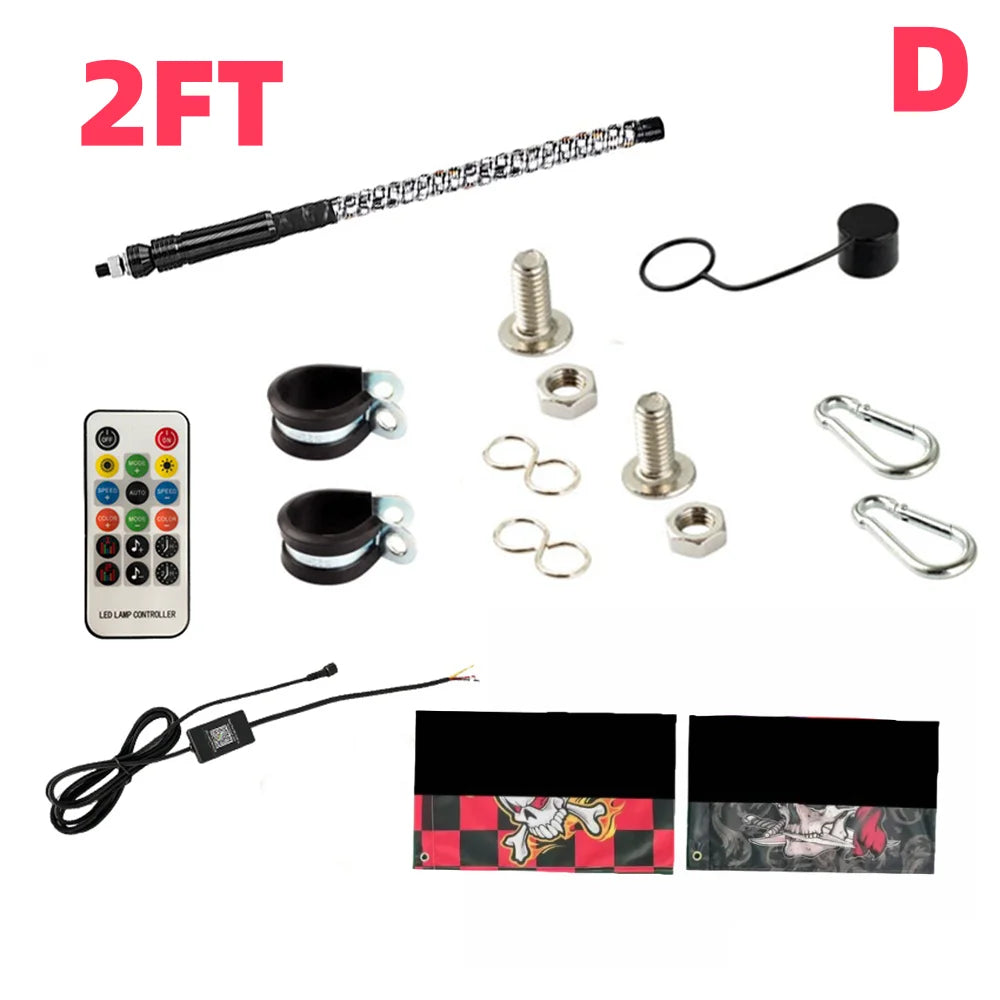 2FT LED Whip Lights Lighted Antenna Whips For ATV UTV Polaris RZR Off Road Truck Sand Buggy Dune Flagpole Lamp