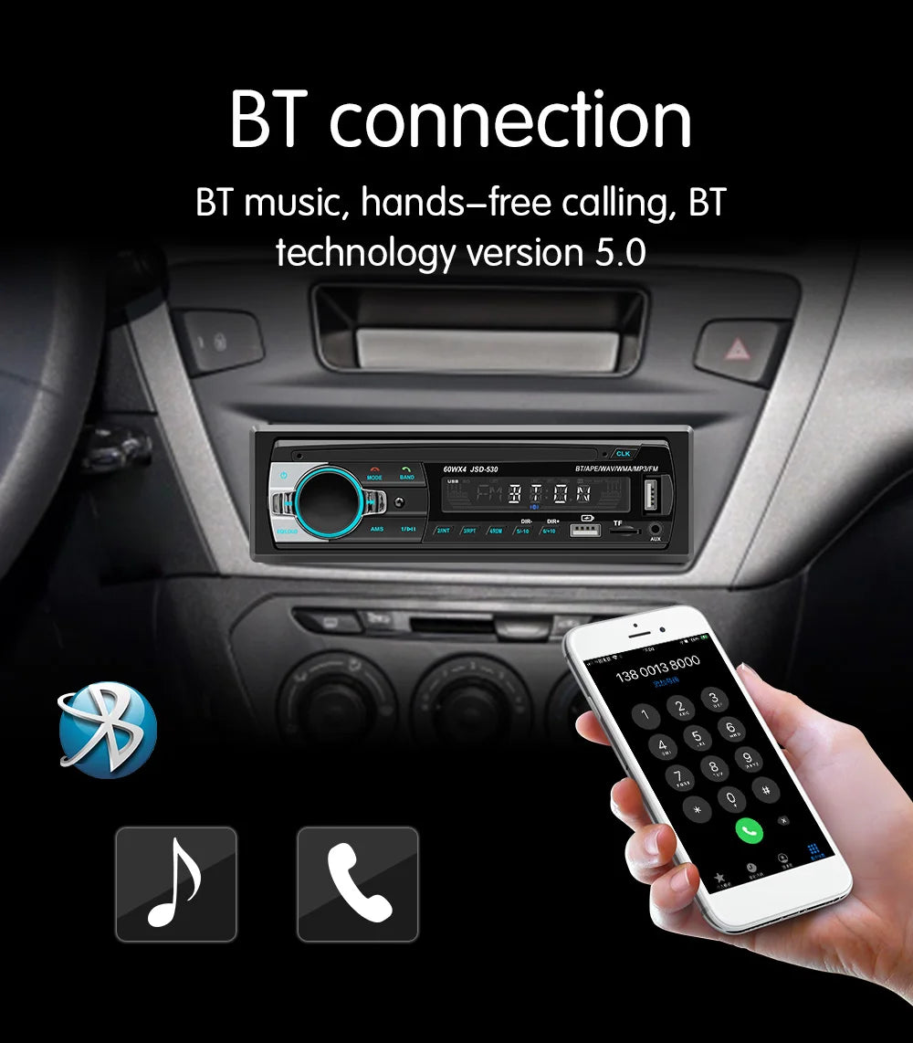 Car Radio Stereo Player Digital Bluetooth MP3 Player JSD-530 520 60Wx4 FM Audio Stereo Music USB/SD with In Dash AUX Input