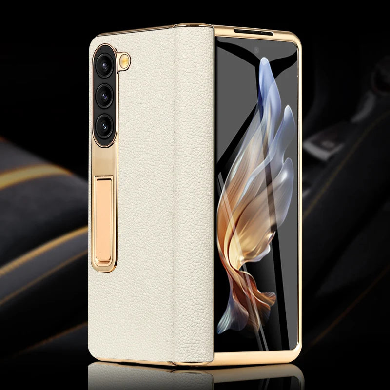 Leather Phone Case for Samsung Galaxy Z Fold 7 6 5 4 3 Fold6 Fold7 Gold Plating Magnetic Hinge Stand Back Cover with Mirror Film