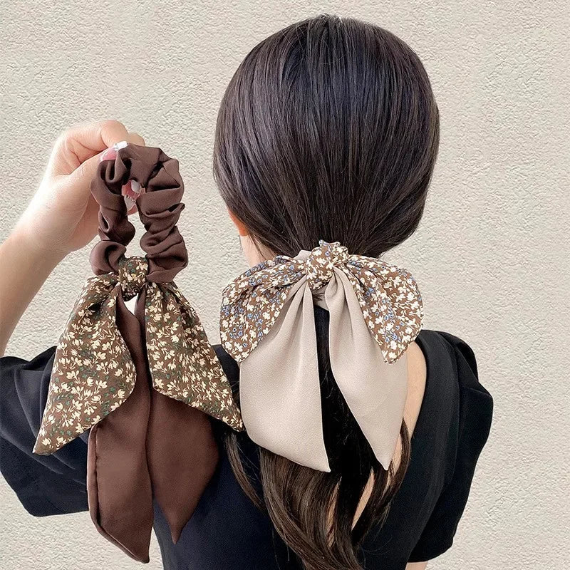 Ponytail Ribbon Bow New Women Scrunchies Knotted Bowknot Hair Ties Floral Print Sweet Elastic HairBand Hairs Accessories