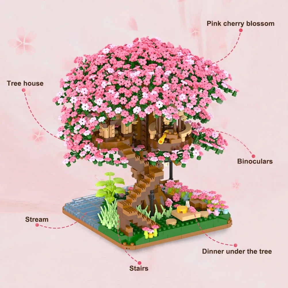 2008PCS Mini Sakura Tree House Building Blocks Cherry Blossom Plant City Street View Bricks DIY Model Ornament Toy Children Gift