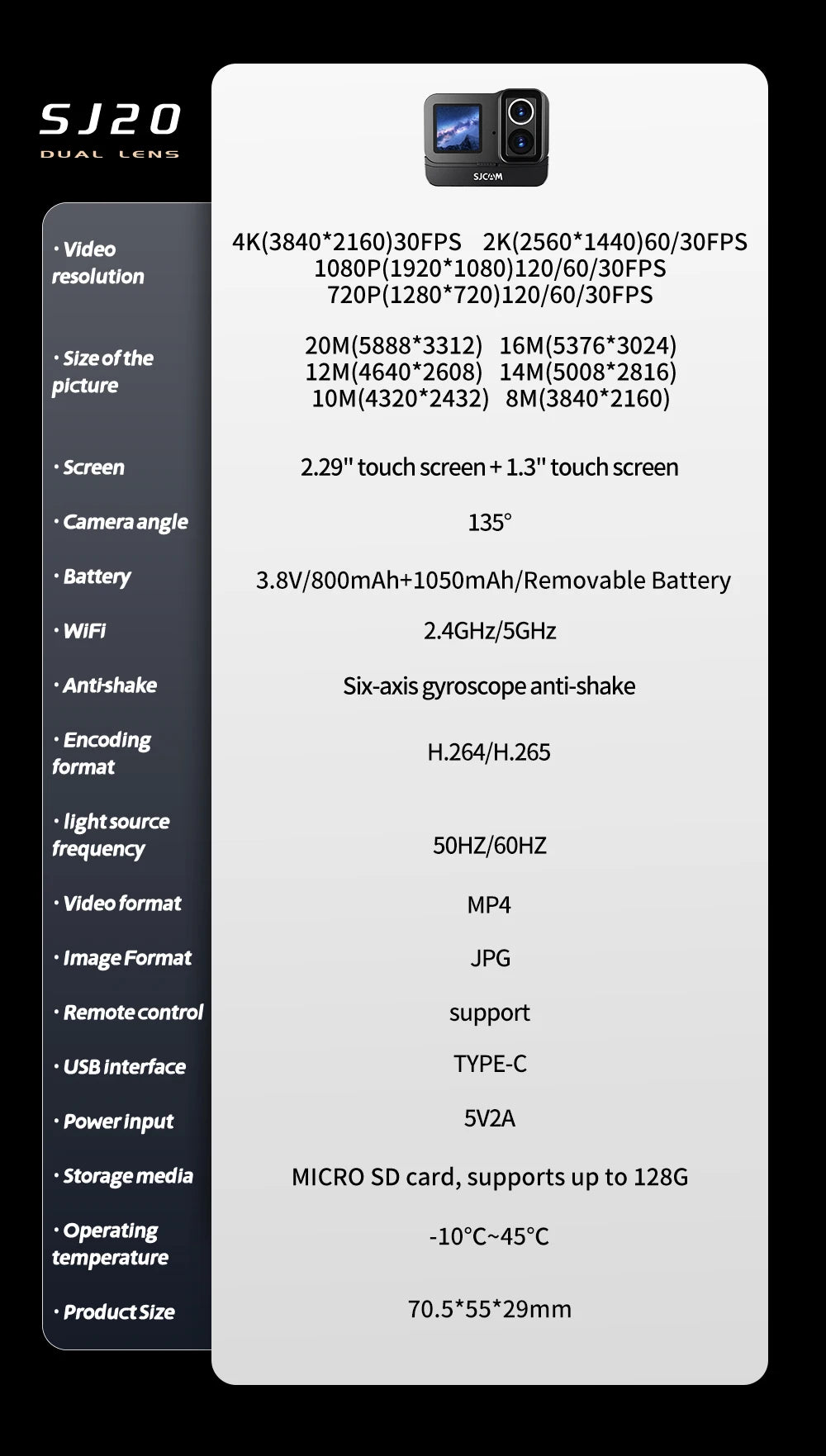 SJCAM SJ20 Dual Lens Dual cameras 4K Action Camera Waterproof 5G WiFi Touch Screen action cam camera sport helmet New In 2024