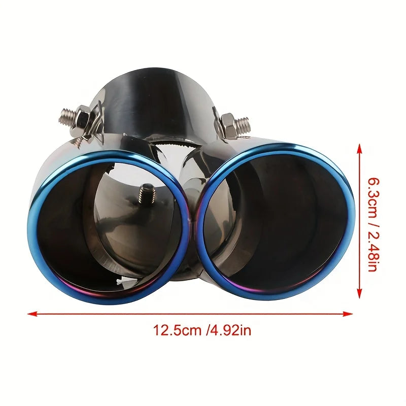 Car Universal One To Two Grilled Blue Tail Throat Double Pipe Tail Pipe Stainless Steel Exhaust Pipe Modification Supplies