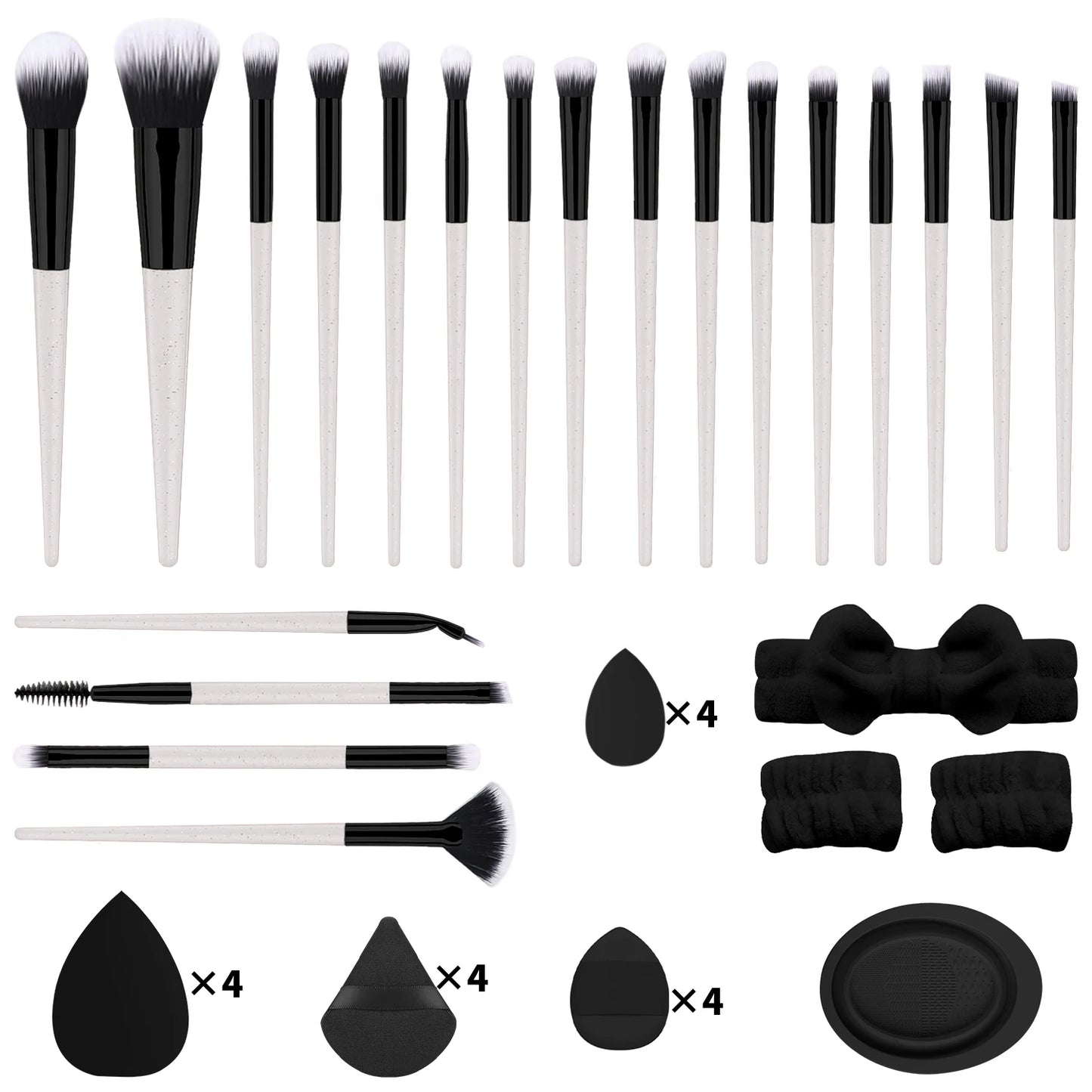 40-piece makeup tool set - 20-piece makeup tools + 16-piece powder puff set + dishwashing, hairband and wristband