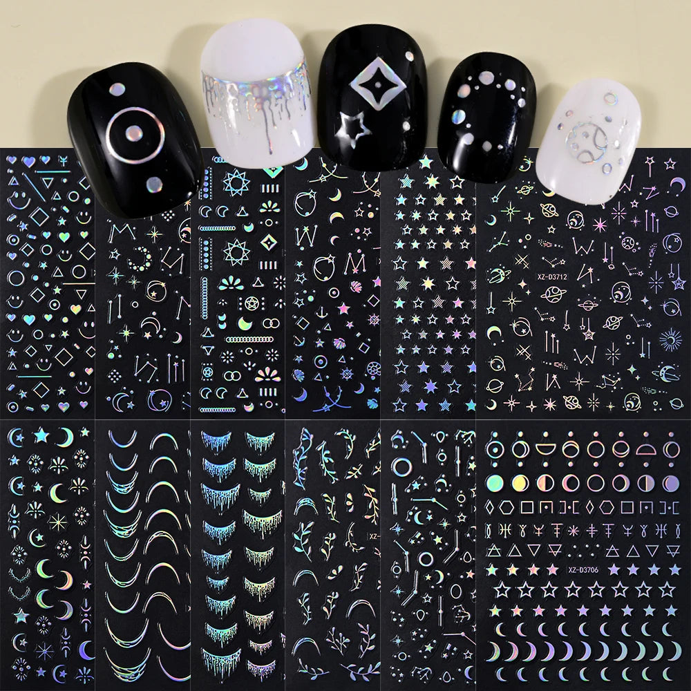 12Pcs Gold/Silver Tasse/Line/Star/Moon 3D Nail Art Stickers Leaf/Geometric Design Self-adhesive Sliders Luxury Manicure Decals