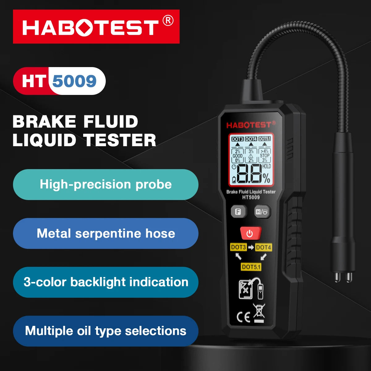 Digital Brake Fluid Tester Auto Car Brake Oil Moisture Detector DOT3/DOT4/DOT5.1 with Backlight Flexible Probe Brake Oil Tester