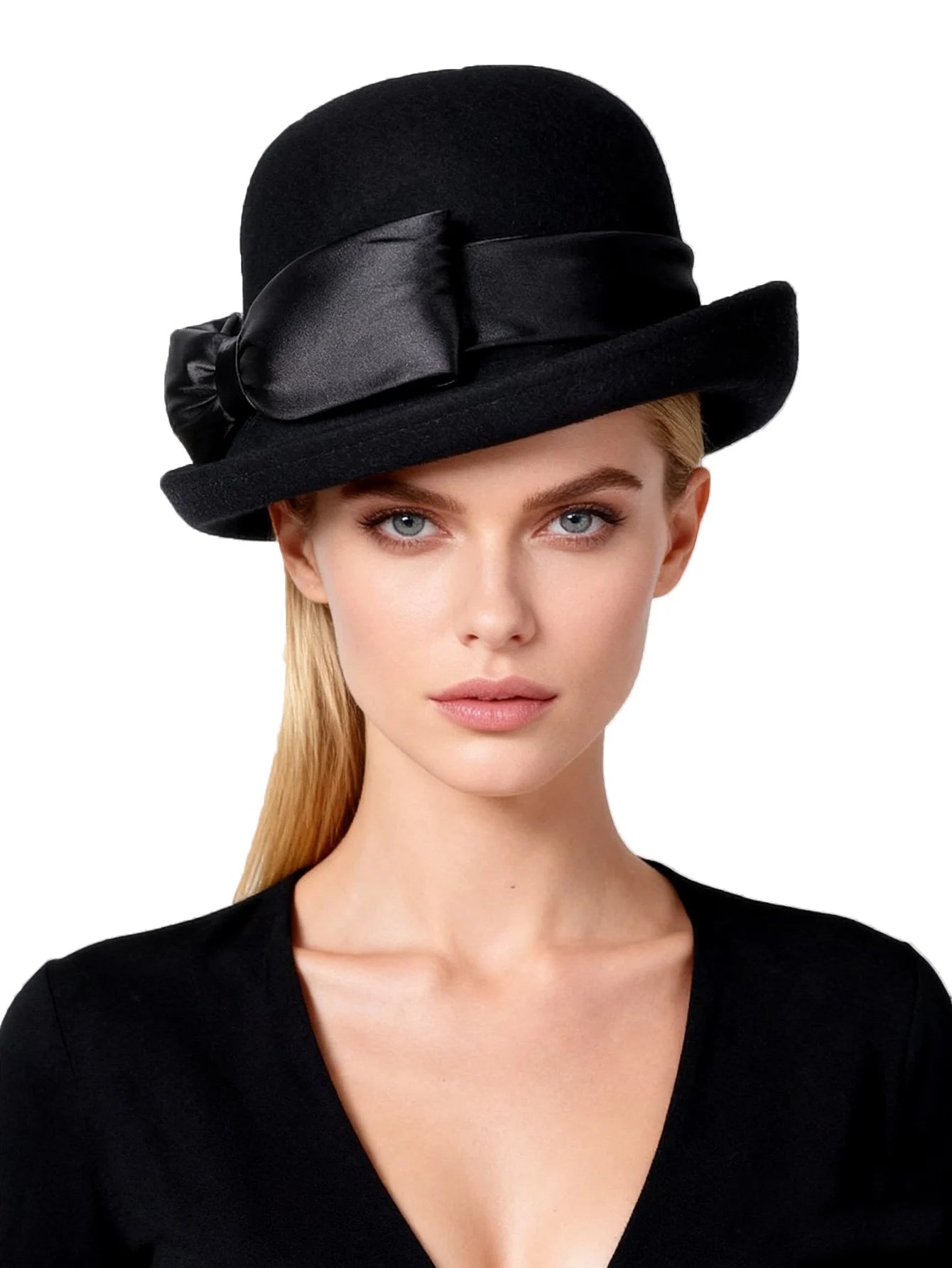 Wool Felt Fedoras Hats for Women Ladies White Black Elegant Curl Brim Top Hat for Wedding Bride Formal Church Cocktail Tea Party