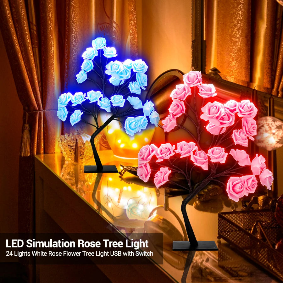 LED Rose Tree Desk Lamp USB Powered Artificial Flower Night Light Bedroom Living Room Party Wedding Valentine's Day Decoration