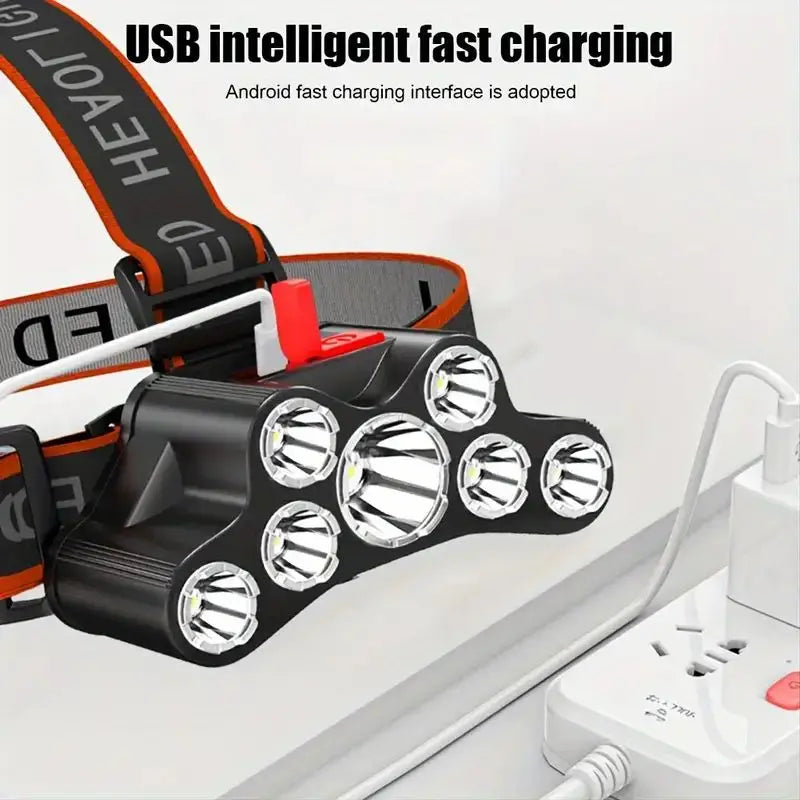 7 LED Powerful Headlamp Super Bright USB Rechargeable High Power LED Flashlights 4-Mode Torch Waterproof Outdoor Camping Fishing