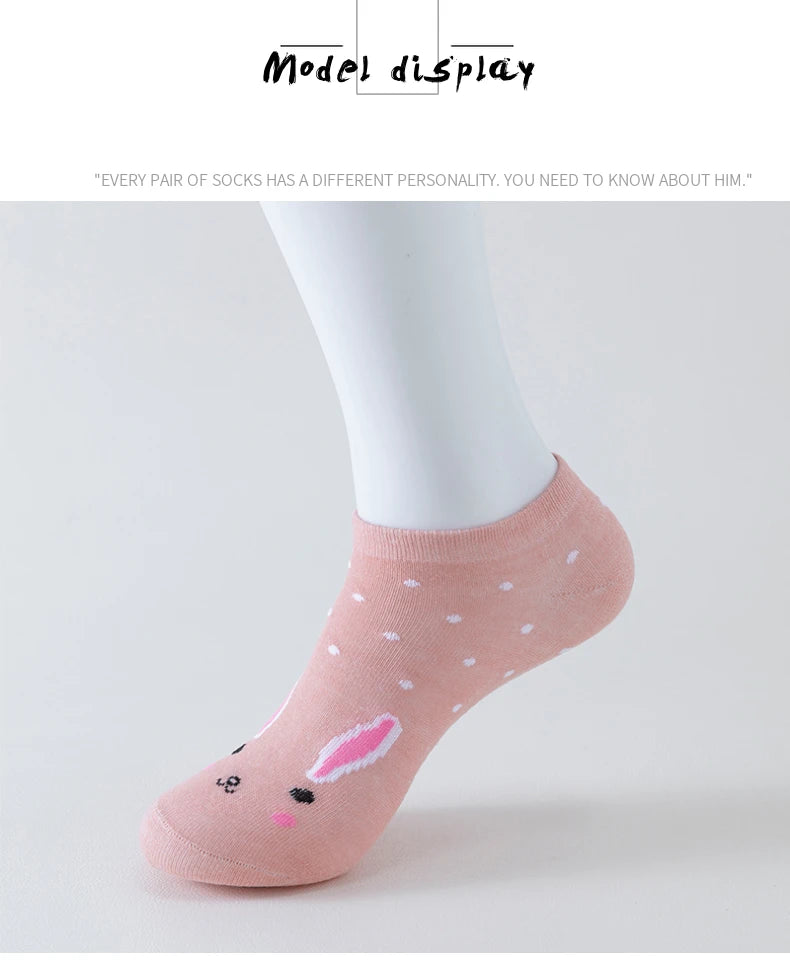 5 Pairs of WOMEN'S Short Socks, Pink Cat Thin, Cute All Season Boat Socks, Slow Top, Fashionable Boat Socks