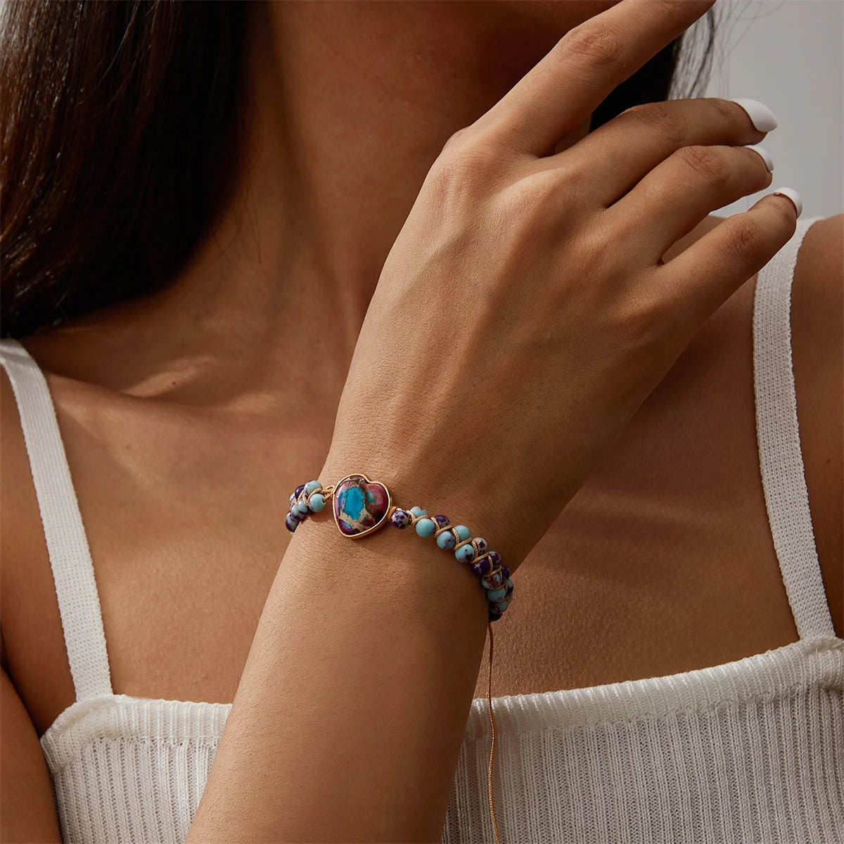 Handmade Natural Stone Bracelet Women Fashion Heart Purple Agates Beads Charm Braided Bracelets Boho Yoga Wrap Bangles Jewelry