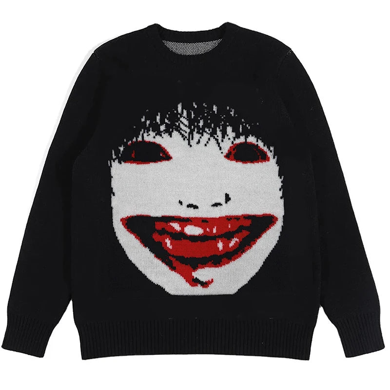 Casual Hip Hop Streetwear Knitted Sweater men Gothic portrait Print Pullover autumn Harajuku Cotton sweater Ghost Y2K