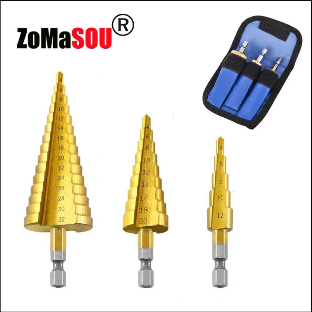 Hexagonal Handle Titanium Plated Ladder Drill Tower HSS Drill Bit 3-12/4-12/4-20/4-32mm Metal Wood Hole Cutter Cone Drilling