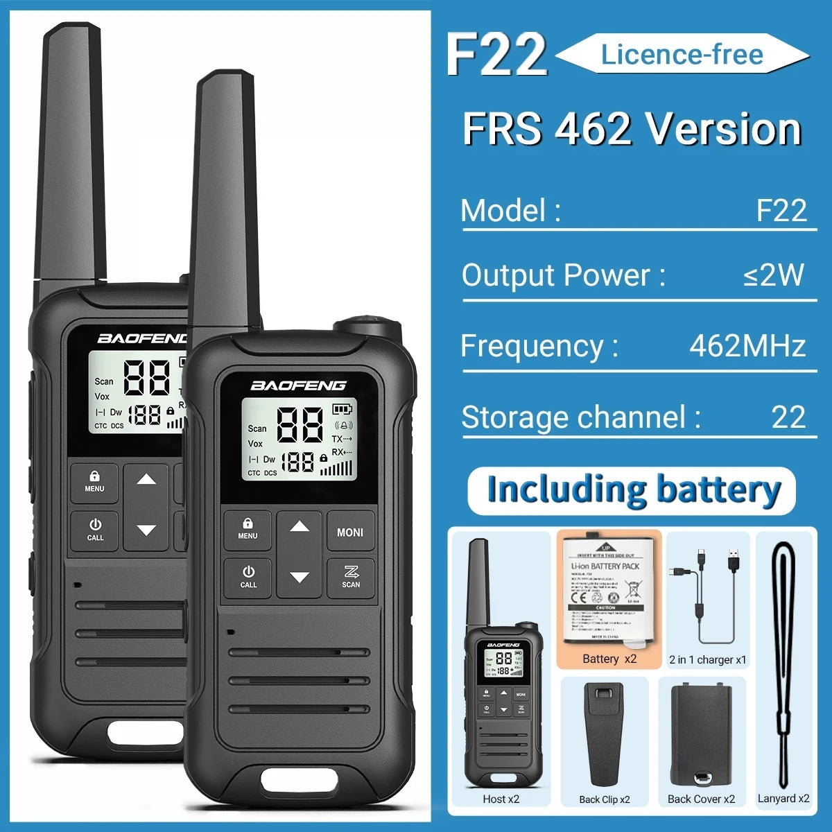 2pcs Baofeng F22 Mini Walkie Talkie PMR FRS Long Range Rechargable Portable Kids Two Way Radio Type-C Charger for Camping Trip