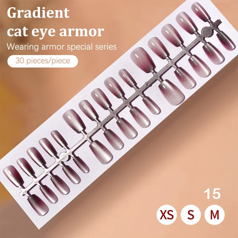 30Pcs Fake Nails French Style Gradient Cat Eyes Press On Full Cover Artificial Three Sizes Available False Nails Nail Enthusias