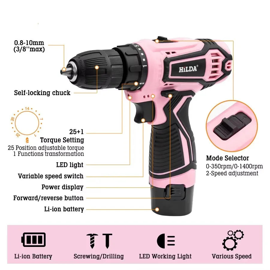 HILDA Electric Drill 12V Cordless Drill Electric Screwdriver Mini Wireless Power Driver DC Lithium-Ion Battery