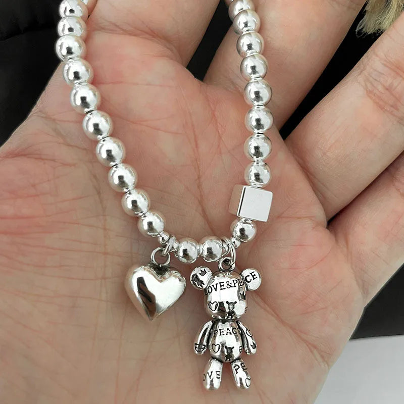 Trendy Love Heart Bear Bracelet for Women Beads Chain Stainless Steel Bracelets Vintage Design Jewelry Party Birthday Gift