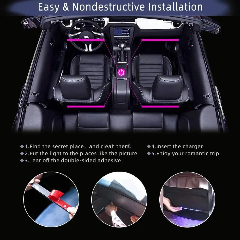 Neon 48LED Car Interior Ambient Foot Light Strip with USB Wireless Remote Music APP Control Auto RGB Atmosphere Decorative Lamp