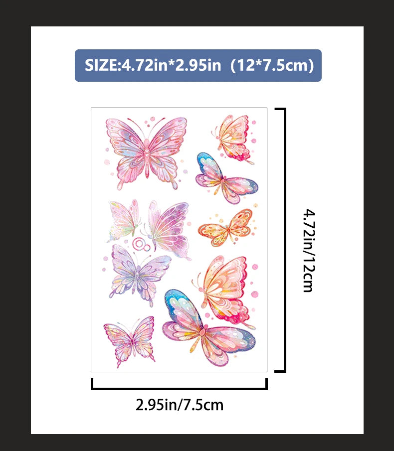 6pcs Glitter Gradient Dreamy Butterfly Waterproof Temporary Tattoo, Long-Lasting Waterproof, Realistic Fake Tattoo