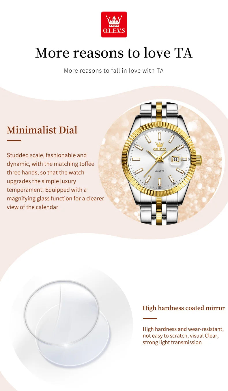 OLEVS 5593 Couple Watch Fashion Business Waterproof Stainless Steel Watch Luxury Brand Classic Date Week Clock Men Women Watch