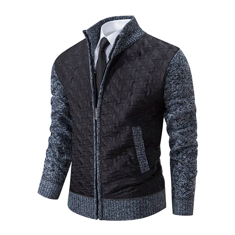 Mens Sweaters Jacket Full Zip Fleeced Sweater Cardigan Plaid Stand Collar Sweaters Coat Autumn Winter Homme Clothes