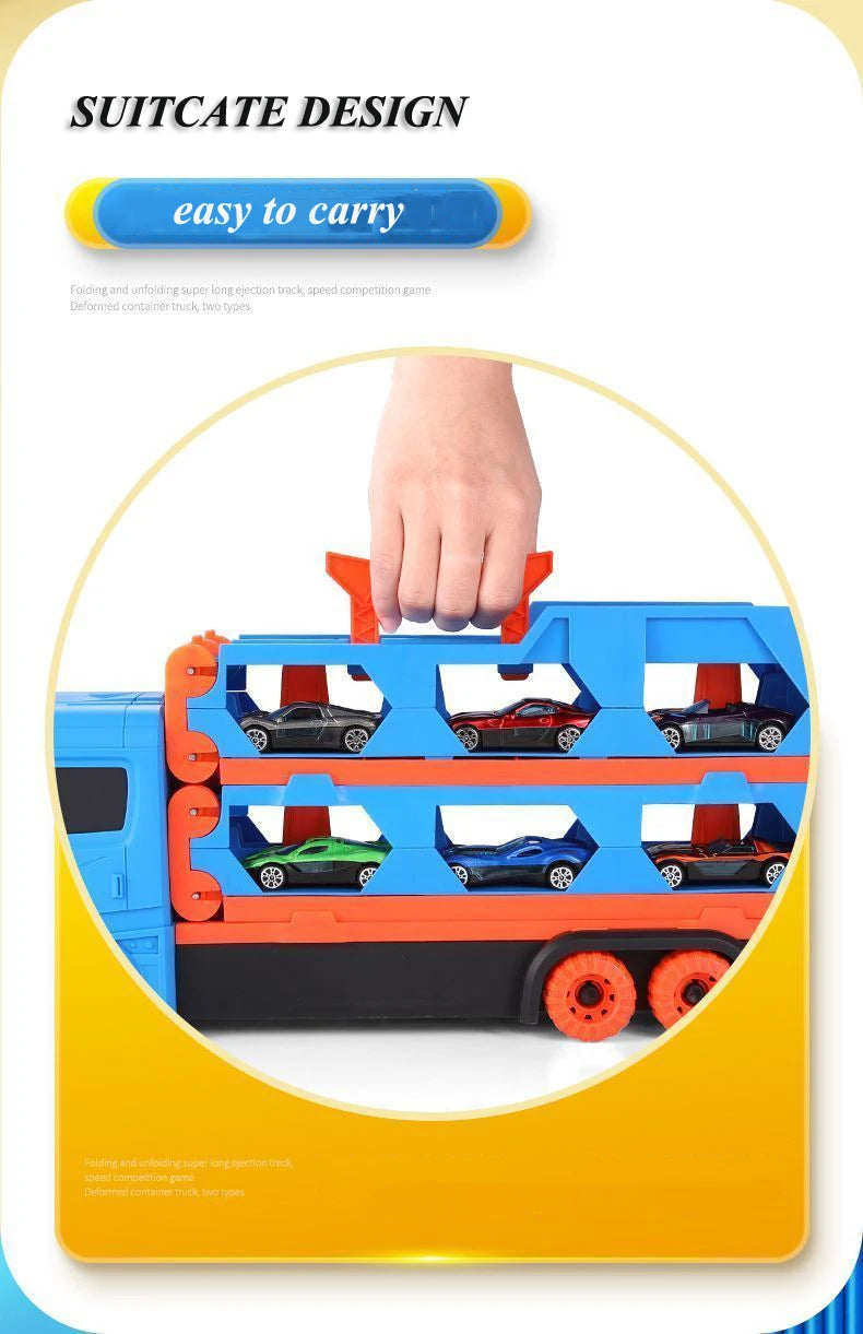 Transport Truck Toy 65-Inch Foldable Toddler Car Carrier for Boy Girl 9 in 1 Race Track and Die-Cast Truck Race Car Gift Vehicle