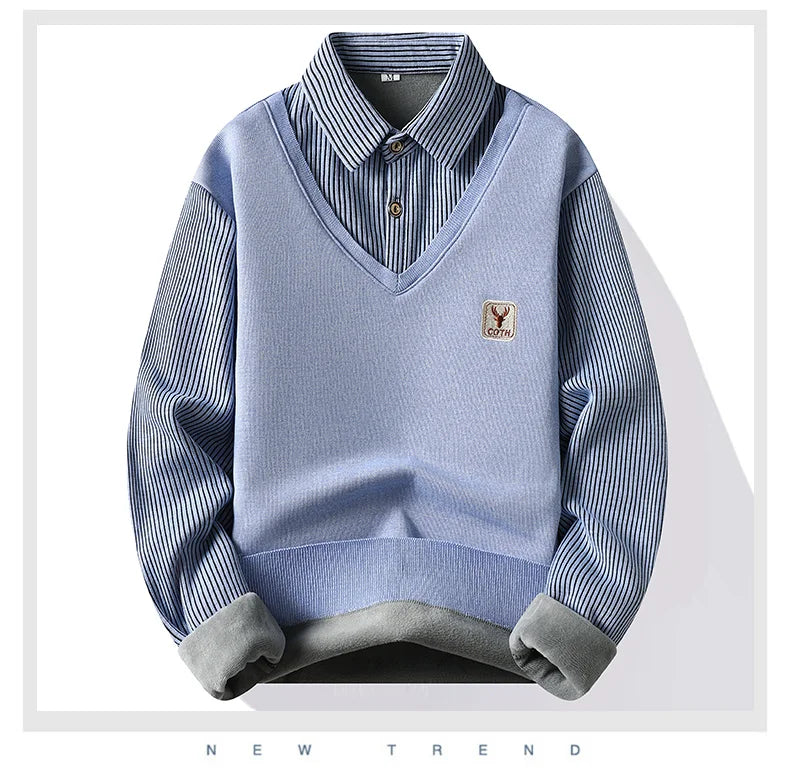 Male Fleece Polo Shirt Men's Pullover Autumn Winter T-shirt Collar Sweaters Cold Blouse Navy Blue Khaki Korean Clothing