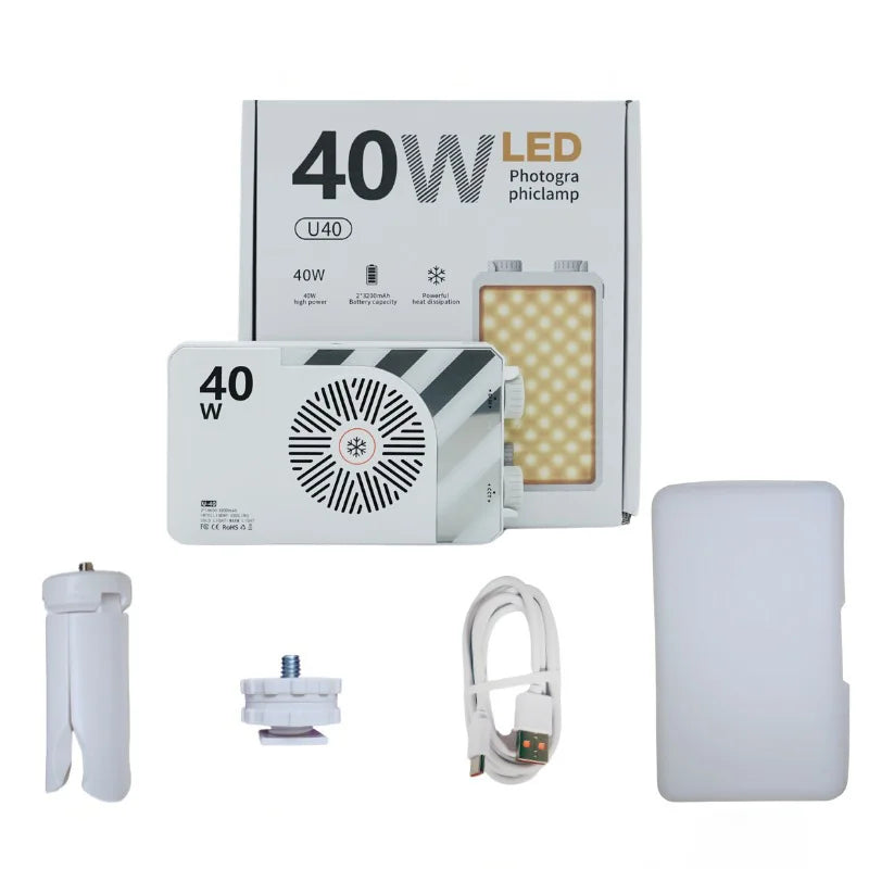 40W LED Camera Light CRI/TLCI 96+ 2700-6200K Bi-Color 6400mAh Photo Studio Video Lamp Handle Portable onCamera Photography Light