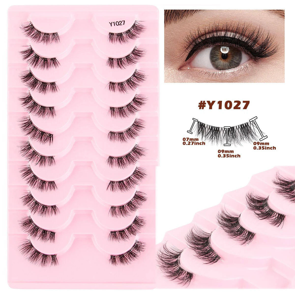 3/5/10Pairs Half False Lashes Natural Short 3D Cat Fake Mink Eyelashes Extension Winged Fluffy Wispy Faux Cils Clear Band Makeup